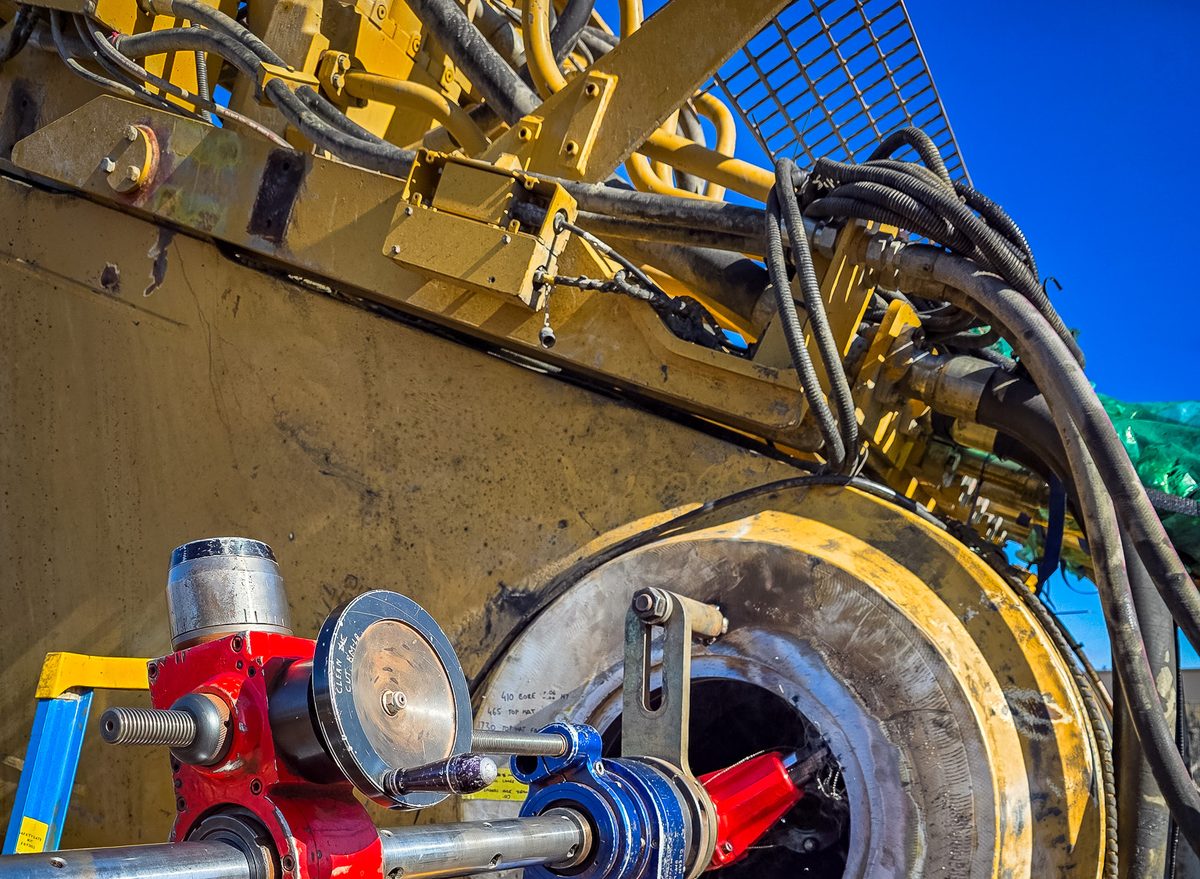 Line boring bar set up on heavy equipment